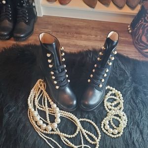 Stuart Weitzman Black Pearl Lace Up Combat Boots
